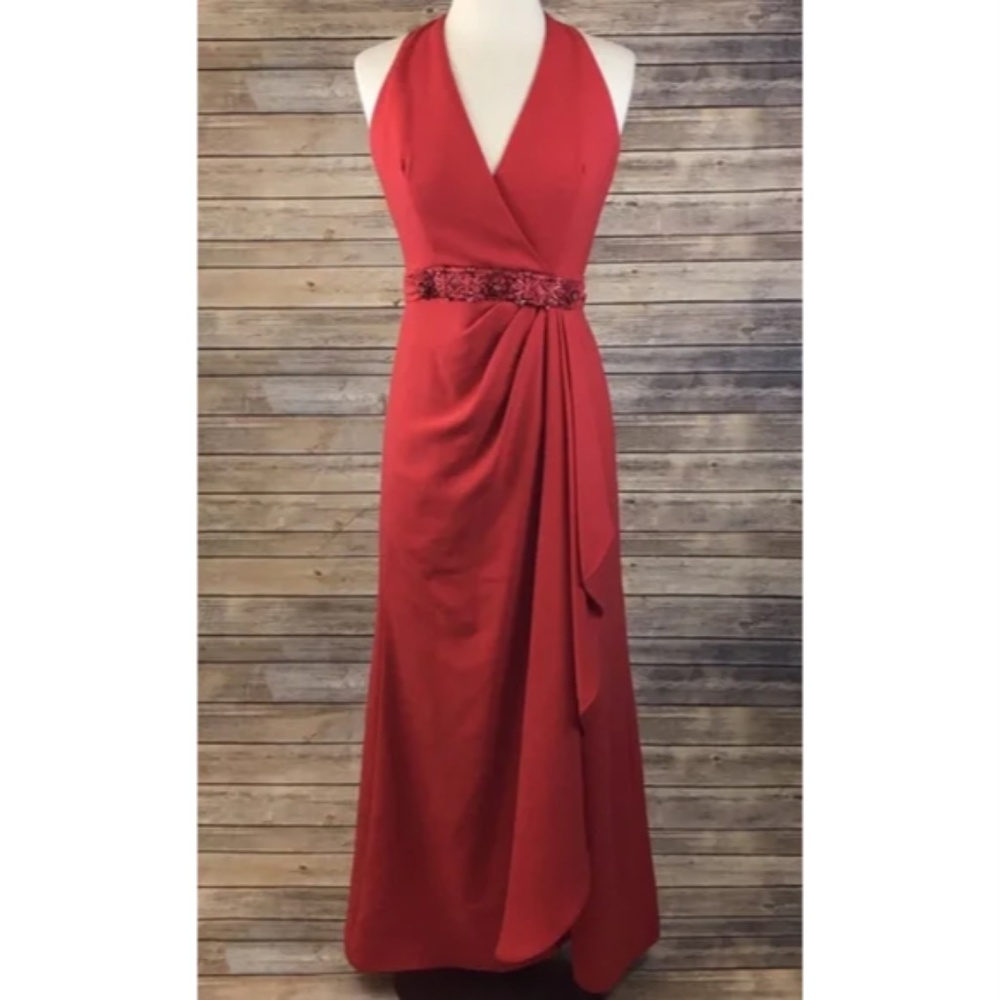 Badgley Mischka Red Sleeveless Beaded Evening Gown Dress